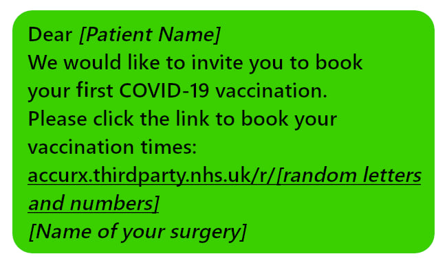 Example of legitimate text message about booking COVID vaccine